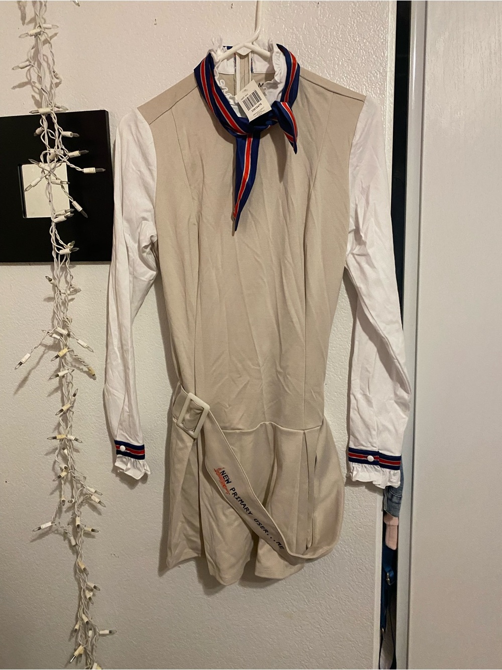 Mango Beige Romper with Navy-Red Striped Scarf